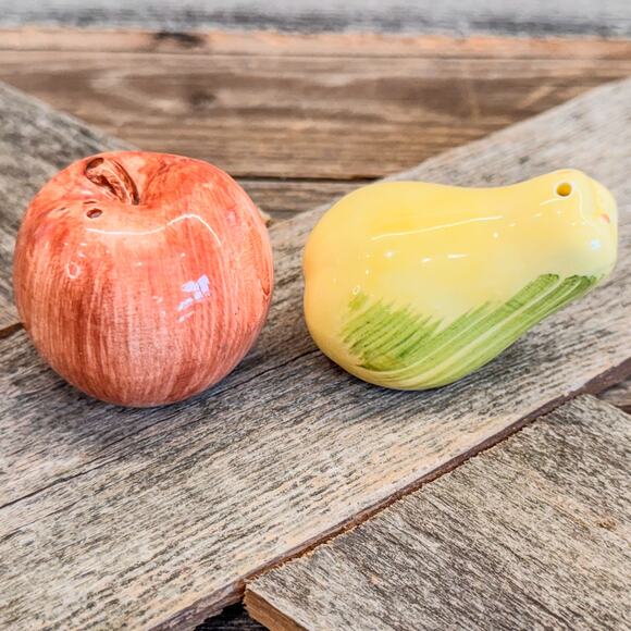Charming Pair of Apple and Pear Salt and Pepper Shakers, Ceramic, 2” - Picture 2 of 5